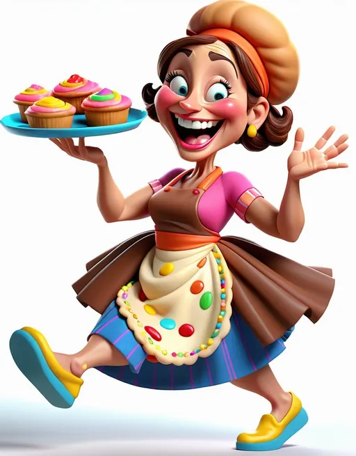 Prompt: 3D animation, middle aged woman with wrinkles with a tray of baked goods and a happy face face, vibrant colors, very detailed, feet facing same direction 