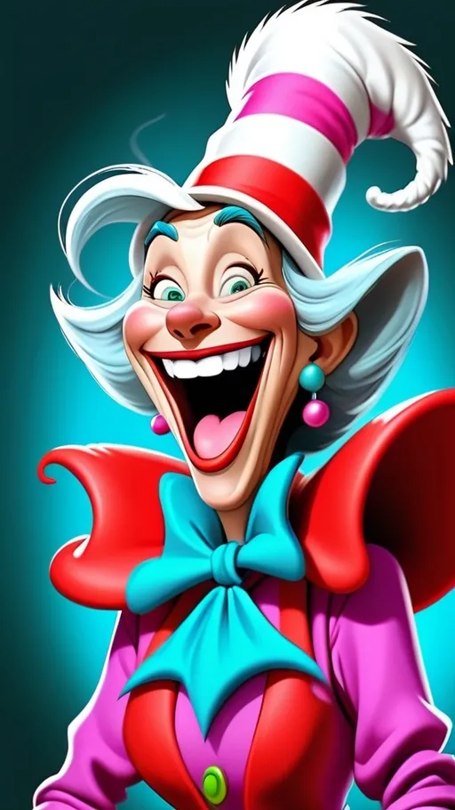 Prompt: Dr Seuss style Dr Seuss laughing granny Digital painting in whoville BG whoville seussical new year’s theme 