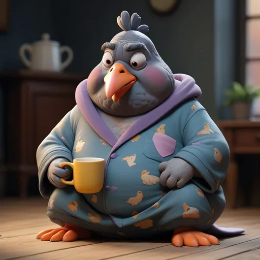 Prompt: a 3D animation, really old (((crazy))) quirky (((extremely tired))) pigeon wearing pajamas, robe, holding a coffee mug, he has (((heavy lidded, barely open, googly, bulging eyes))), body conveys exhaust, looks worn out, deflated, defeated, extremely weary, very depleted, drained and fatigued, he is exhausted and looks gloomy, he is sitting on the ground with legs spread from side to side, 32K, vivid, vibrant, (((full body, extreme long shot))),