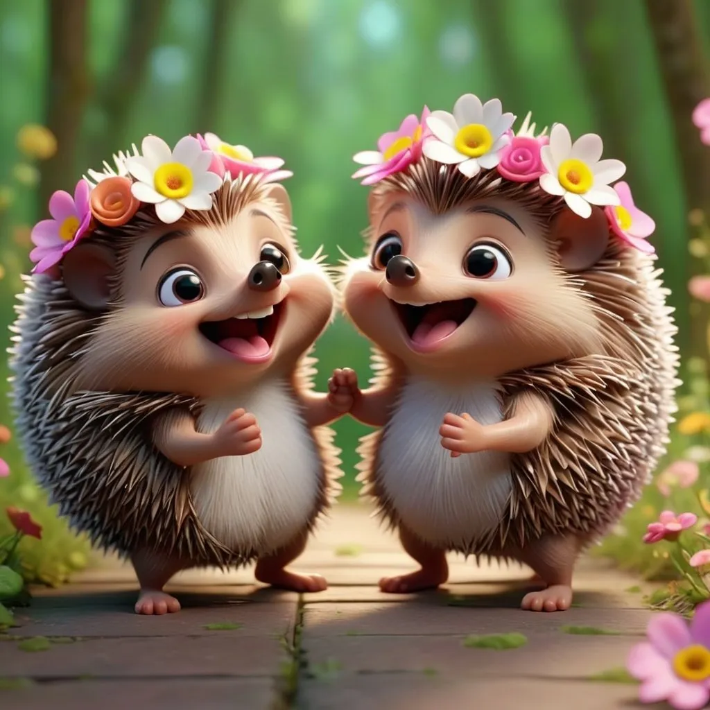 Prompt: 3D Animation, kawaii, two hedgehogs with flowers dancing happily and joyfully, adorable, full body, extreme long view