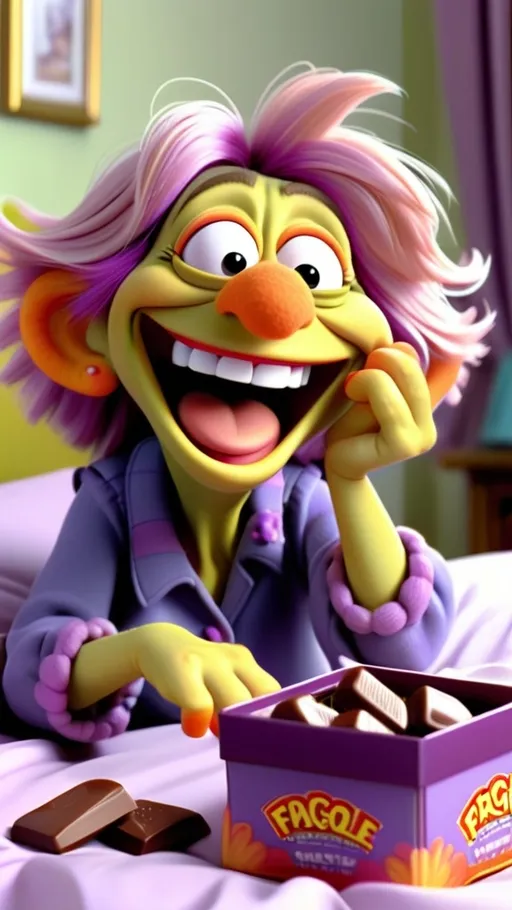 Prompt: Vibrant Fraggle Rock style, Fraggle laughing granny gesturing, eating chocolate from a box of chocolates, laying in bed 3D animation, in BG bedroom