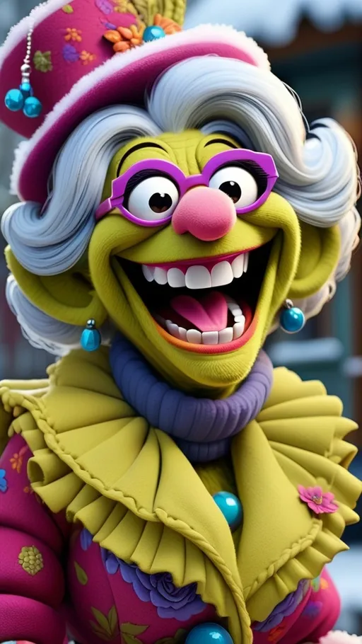 Prompt: vibrant, ultra-detailed, Muppet Show style, Muppet laughing granny monster, BG winter