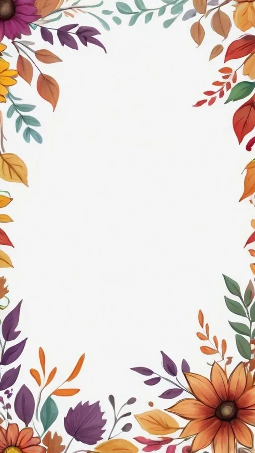 Prompt: A hand drawn square surrounded by fall time Floral border with flowers and foliage on white background with some hand drawn strokes around the flowers and hand drawn leaves, vibrant colors, very detailed