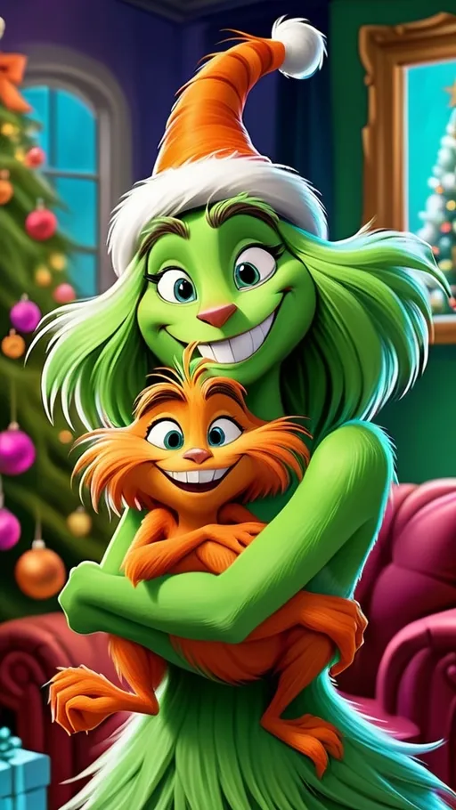 Prompt: vibrant Lorax style magical Christmas theme Digital painting a smiling Lorax mom hugging her smiling Lorax child, arms around each other in whoville living room BG Christmas 