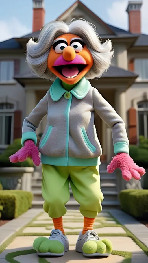 Prompt: Stern granny, head to toe view, Extreme long view,, Muppet theme, ultra-detailed, Muppet Show style, standing in front of a mansion, upset furious angry gesturing granny monster, gray hair. The overall style is Springtime modern.  BG modern style mansion, workout fitness clothing,