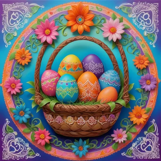 Prompt: Kawaii, artistic oil painting, Easter basket, flowers, decorated with Henna art inspired patterns, embellishments and Flourishes, bright vibrant colors, Highly detailed, popping vibrant colors, Gradient Colors, Intricate details, Highly textured, spiritual symbols of mandalas with Hindu, Buddhist, Jainism, Shinto, Bengali, Celtic, and Arabic geometric and whimsical patterns