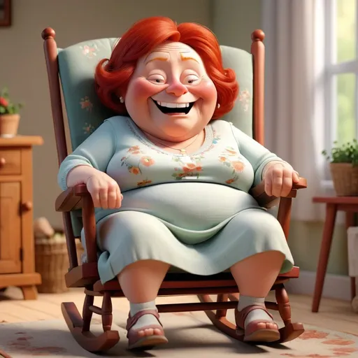 Prompt: 3D animation, grandma with red hair slightly overweight, happily sitting in a rocking chair, full body 