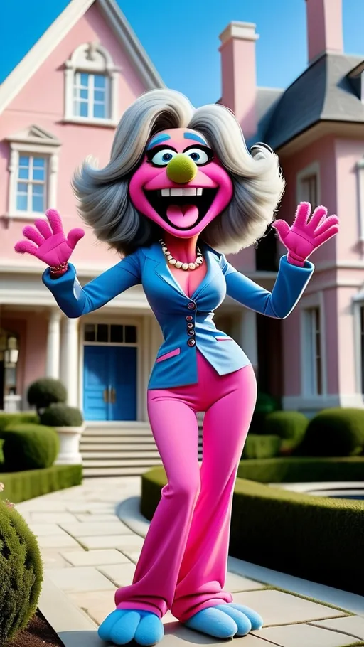 Prompt: head to toe view, Extreme long view,, Muppet theme, vibrant, ultra-detailed, Muppet Show style, standing in front of a mansion, Muppet laughing granny monster gesturing, gray hair wearing exercise clothes blue and pink. The overall style is modern, whimsical, and full of life, with bold lines and delicate textures that create a sense of energy.  BG modern style mansion 