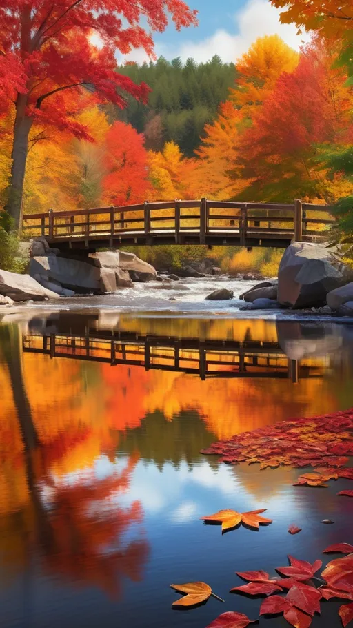 Prompt: A gracefully weathered wooden bridge spans across a rushing river, flanked by banks adorned with vibrant autumn foliage. Towering trees proudly display a kaleidoscope of red, orange, and gold leaves, creating a stunning visual contrast. This picturesque scene, reminiscent of a breathtaking painting, captures the essence of nature's seasonal splendor in exquisite detail. Every brushstroke or pixel exudes a sense of tranquility and harmony, inviting viewers to immerse themselves in the serene beauty of fall.