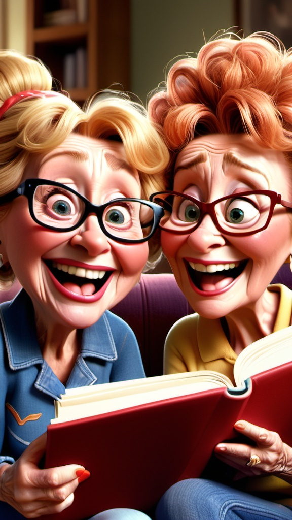 Prompt: Humorous Pixar Movie image hyper-realistic, 3D Animation, 2 laughing grannies one with blond curly hair and one with a red messy bun wearing jeans sitting on a couch, both looking at a photo album