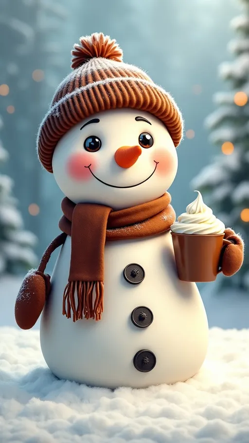 Prompt: extreme long view , smiling adorable snowman wearing brown snow beanie, scarf, mittens, carrot nose, black marble eyes, red cheeks, buttons down his front, one hand is holding a brown coffee mug with whipped cream on top, 