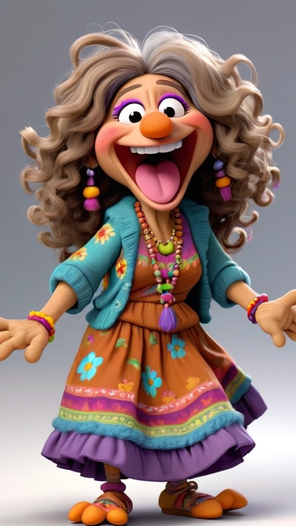 Prompt: 3D animation, kawaii, Latina fraggle rock muppet granny, wearing hippie clothing, long curly brunette hair, laughing 