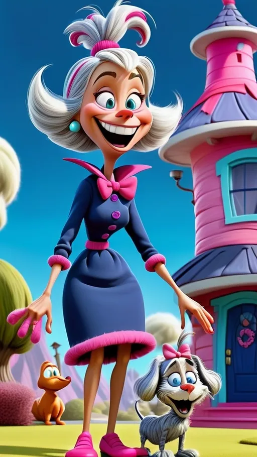 Prompt: Whoville house with Full head to toe view laughing gesturing female granny standing in front of large house Dr Seuss style, giggling granny Seuss with her puppy , wearing contrasting clothes 3D animation in BG whoville theme house, extreme long view, head to toe theme navy blue background contrasts with  hot pink and white abstract shapes.