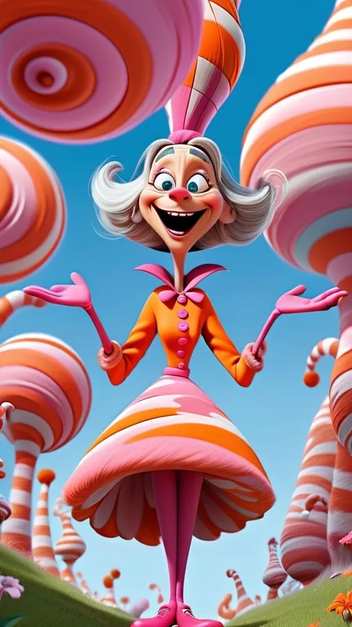 Prompt: extreme long view, head to toe, Dr Seuss style, giggling granny Seuss wearing pink and orange swirling pattern Springtime clothes 3D animation in BG whoville Springtime theme, 