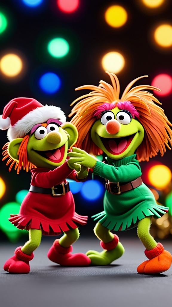 Prompt: 3D animation, 2 grandma fraggle rock muppets dancing with Christmas lights 