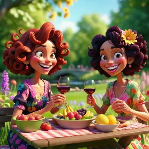 Prompt: 3D animation, 2 grandmas, slightly heavy, 1 with highlighted brown curly long hair, 1 with short black hair, having a picnic, sitting at picnic table, smiling, while drinking wine. The garden in the park is gorgeous with a beautiful pond in the background, surrounded by flowers. Highly detailed, popping vibrant colors, Gradient Colors, Intricate details, Highly textured, intricate patterns, very happy, upbeat, lively 