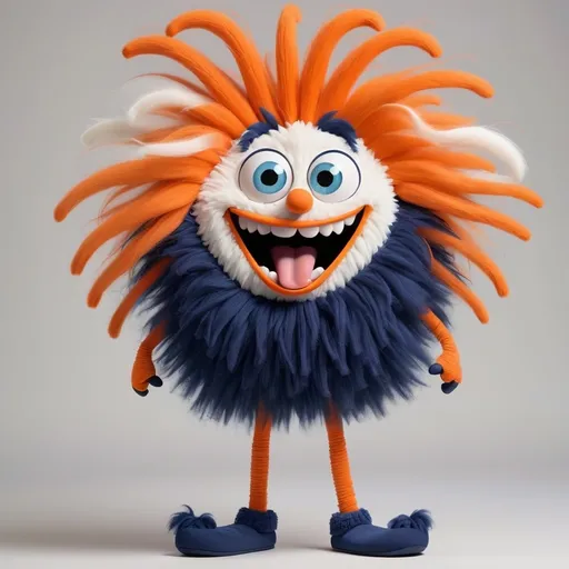 Prompt: whimsical Pixar vibrant quirky crazy funny mischievous cheeky laughing dancing creature with messy hair bulging crazy eyes sticking out long tongue long legs wearing spring fluffy creature slippers Theme navy, orange and white 
