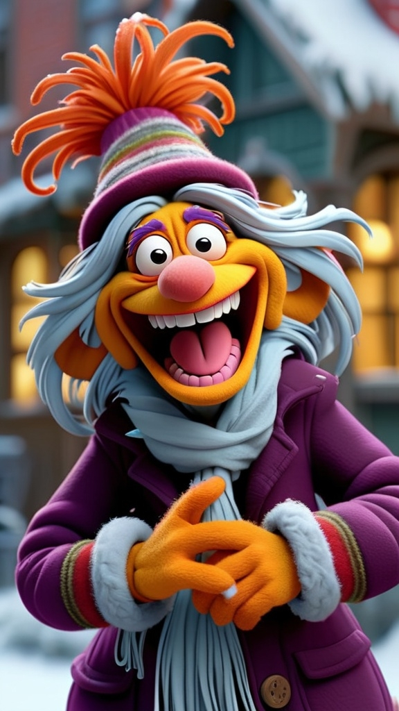 Prompt: Fraggle Rock style Fraggle  laughing granny gesturing 3D animation in BG Fraggle winter theme, full body, extreme long view 