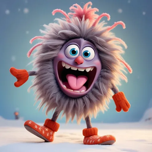 Prompt: whimsical Pixar vibrant quirky crazy funny mischievous cheeky laughing dancing creature with messy hair bulging crazy eyes sticking out long tongue long legs wearing winter fluffy creature slippers and mittens hilarious 