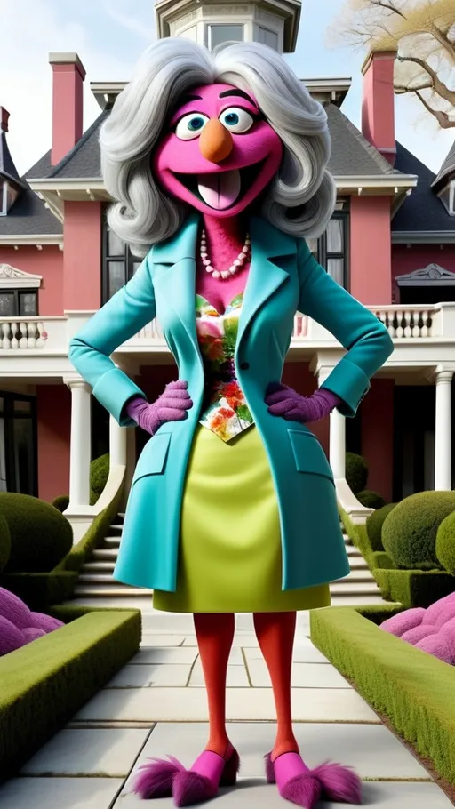 Prompt: head to toe view, Extreme long view,, Muppet theme, vibrant, ultra-detailed, Muppet Show style, standing in front of a mansion, Muppet granny monster, gray hair. Expression: unhinged, frantic, confused, disoriented. The overall style is Springtime modern, whimsical, and full of life,.  BG modern style mansion 