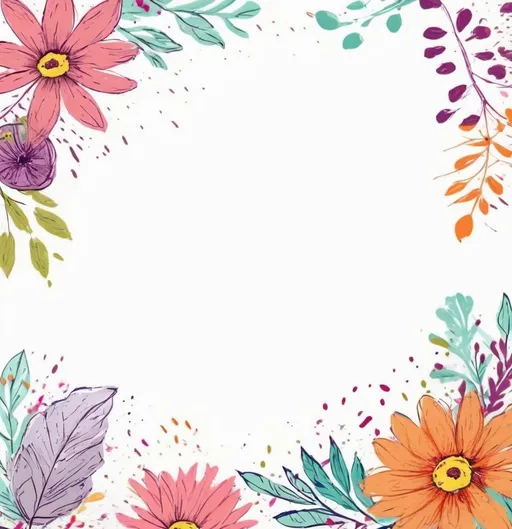 Prompt: Spring time Floral border on white background with some strokes around the flowers and hand drawn leaves, vibrant colors, very detailed 