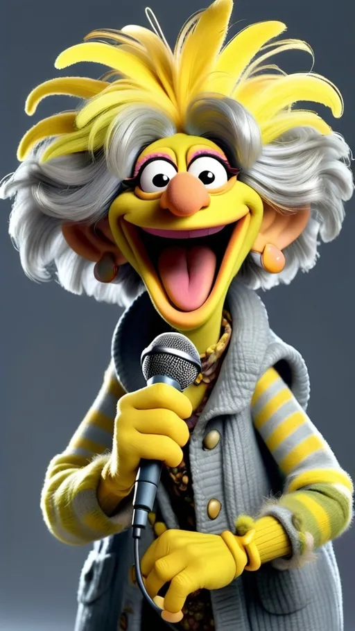 Prompt: Fraggle Rock style, Fraggle laughing granny muppet, wearing gray and bright yellow gesturing holding a microphone, BG Fraggle Rock winter, extreme long view, full body, 