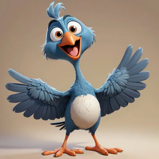 Prompt: Cartoon, bird, goofy bulbous eyes, leaning to the side, standing on one foot, full body, very detailed, silly, playful! One wing pointing up as if going voila 