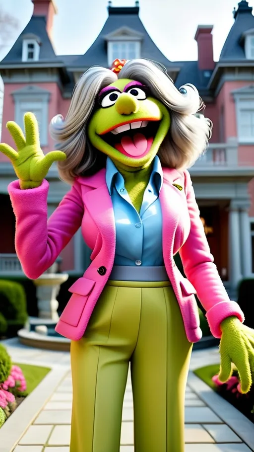 Prompt: head to toe view, Extreme long view,, Muppet theme, vibrant, ultra-detailed, Muppet Show style, standing in front of a mansion, Muppet laughing gesturing granny monster, gray hair. The overall style is Springtime modern, whimsical, and full of life,.  BG modern style mansion theme #4CCAF7 background contrasts with #F7F7F5, #B0D805 and #FDE501 abstract shapes 