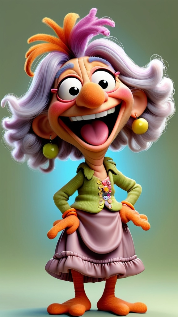 Prompt: 3D animation, kawaii, fraggle rock muppet granny, laughing, hand on hip
