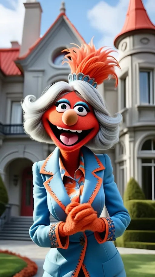 Prompt: head to toe view, Extreme long view,, Muppet theme, vibrant, ultra-detailed, Muppet Show style, standing in front of a mansion, Muppet laughing granny monster, gray hair. The overall style is Springtime modern, whimsical, and full of life,.  BG modern style mansion red, blue, orange and light blue 