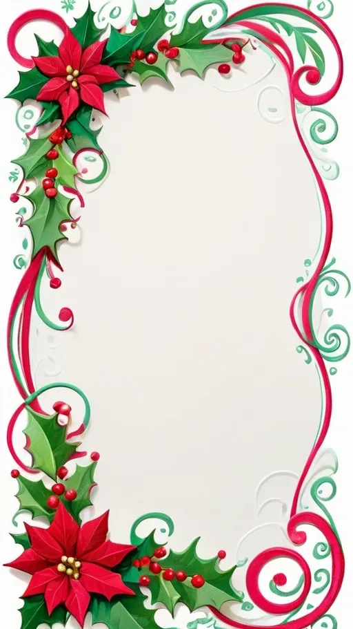 Prompt: Whimsical Christmas stationary with hand drawn flourishes and embellishments a Christmas border on a white paper vibrant colors, very detailed