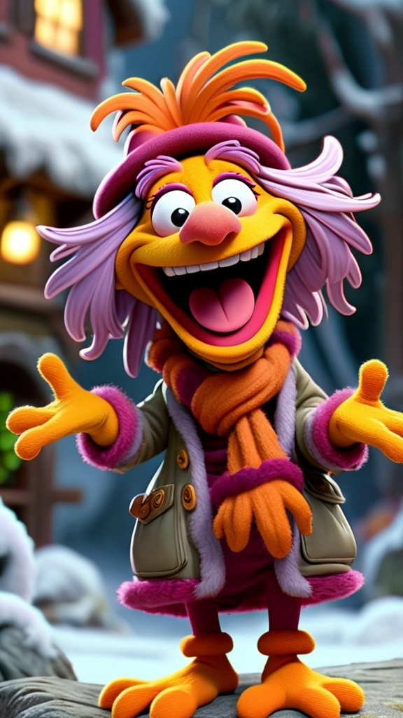 Prompt: Fraggle Rock style Fraggle  laughing granny gesturing 3D animation in BG Fraggle winter theme, full body, extreme long view 