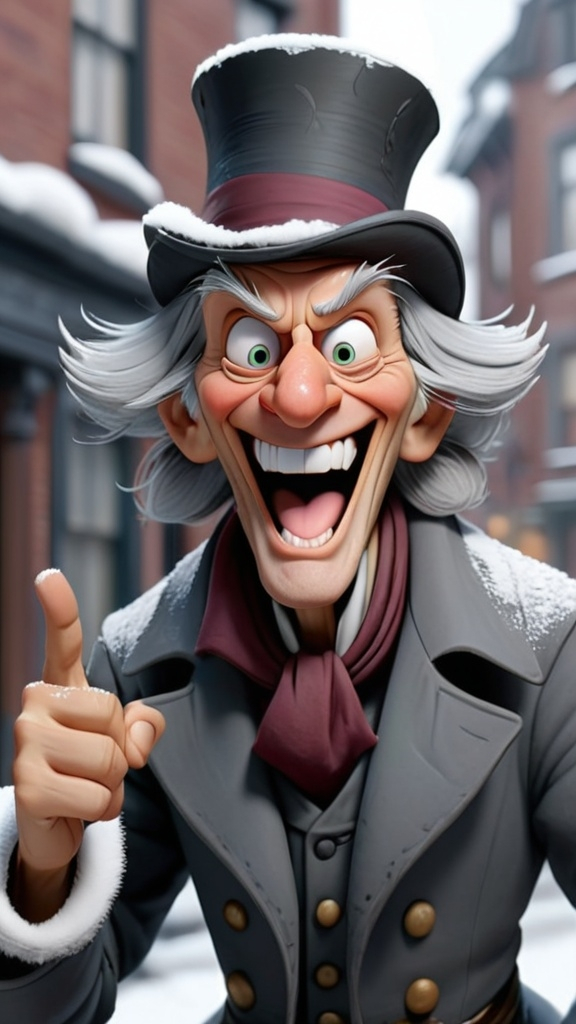 Prompt: 3D animation, stern looking, (((laughing and pointing Scrooge))), with gray hair, a snowy Victorian street