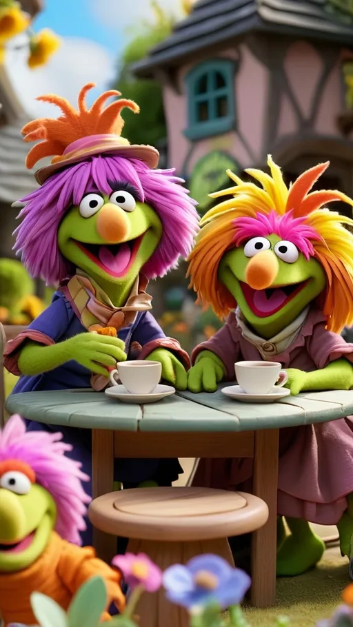 Prompt: 3D animation, kawaii, (((2 fraggle rock muppet grannies sitting at a table))), laughing, having coffee in a garden vibrant colors 