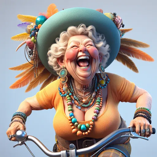 Prompt: Long view, full body, Humorous Pixar Movie image hyper-realistic, 3D Animation, a granny laughing, p has blonde hair, Wearing large hats with feathers, necklaces, earrings. Riding a bike