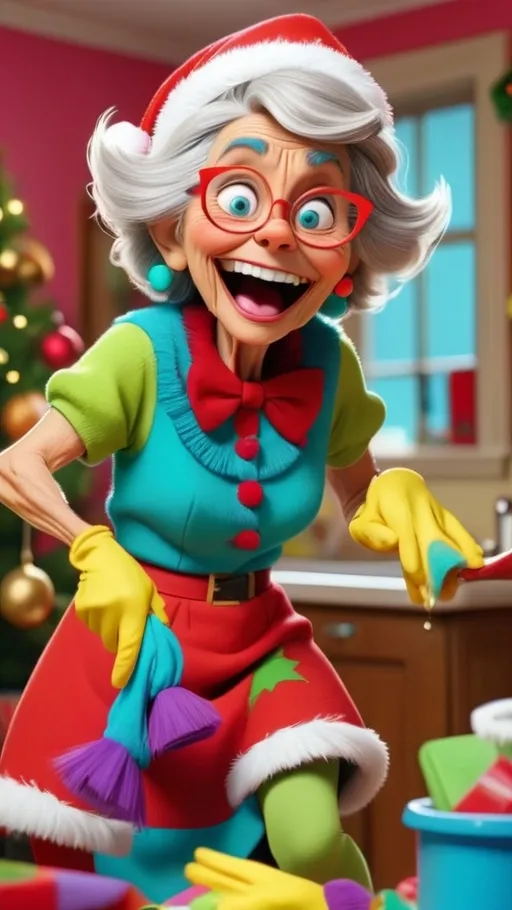 Prompt: 3D animation of a (humorous, laughing) Seussical granny Cleaning wearing vibrant (Christmas clothing), (arms overflowing with household items), creating a playful and chaotic scene. The background features a messy, festive home filled with decorations and colorful gifts. Emphasize the lively atmosphere with bright, warm colors and intricate details. Ultra-detailed, 4K, HD quality image.