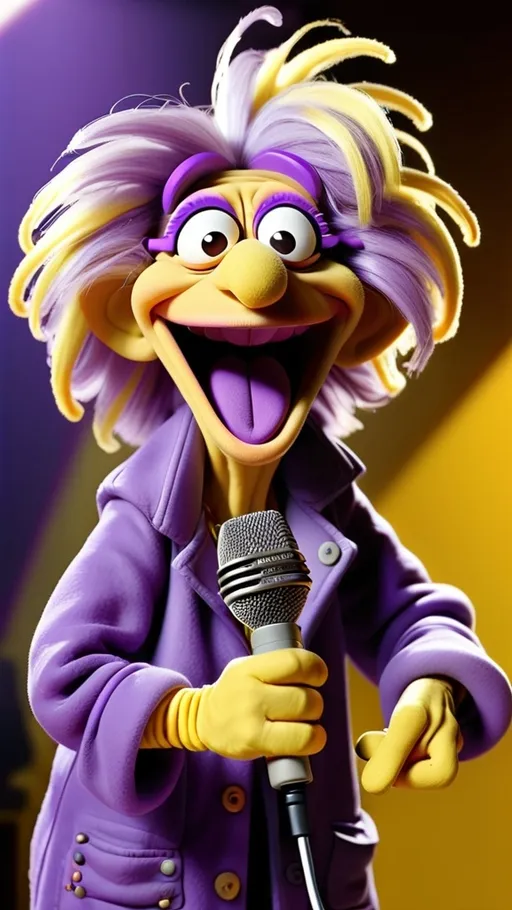 Prompt: Fraggle Rock style, Fraggle laughing granny muppet, wearing electric purple and sunny yellow gesturing holding a microphone, BG Fraggle Rock winter, extreme long view, full body, 