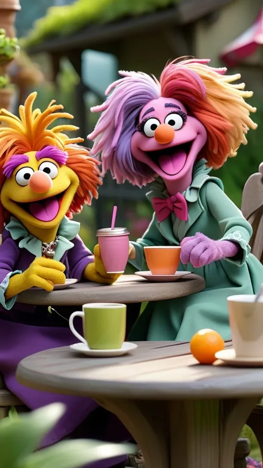 Prompt: 3D animation, kawaii, (((2 fraggle rock muppet grannies sitting at a table))), laughing, having coffee in a garden vibrant colors 