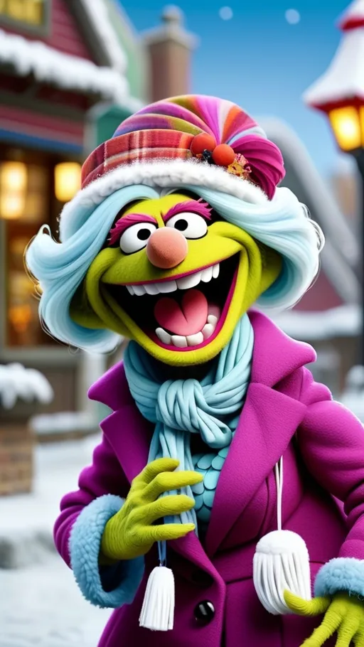 Prompt: Muppet theme, vibrant, ultra-detailed, Extreme long view, full body, Muppet Show style, Muppet laughing granny monster, BG winter 