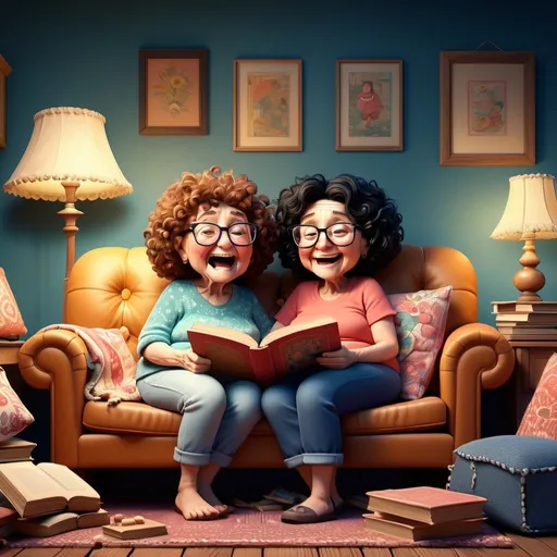 Prompt: 3D animation, kawaii, 2 grandmas, slightly heavy, 1 with highlighted brown curly long hair, 1 with short black hair, both wearing old blue jeans, laughing while reading an old book, sitting on a couch that has old blankets and pillows on it. There is an old floor lamp next to the couch. The room is a bit cluttered and messy. Highly detailed, popping vibrant colors, Gradient Colors, Intricate details, Highly textured, intricate patterns, very humorous, funny, amusing 