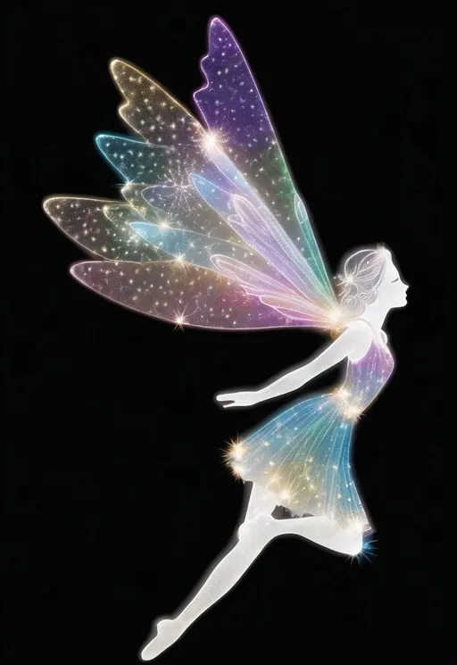 Prompt: Create Beautiful woman, a delicate fairy, made entirely of sparkles side view, suspended in mid-air, with a joyful, smiling expression, amidst a trail of glittering pixie dust, her full body, symmetrical, glistening wings outstretched, masterfully rendered in exquisite detail, showcasing intricate textures, and a playful, ethereal ambiance, with soft, luminous lighting, and a silent, iridescent glow, with a mix of realism and fantasy, blending traditional and digital media, in a highly detailed, high-resolution image, with a shallow depth of field, and a subtle bokeh effect, set against a black backdrop