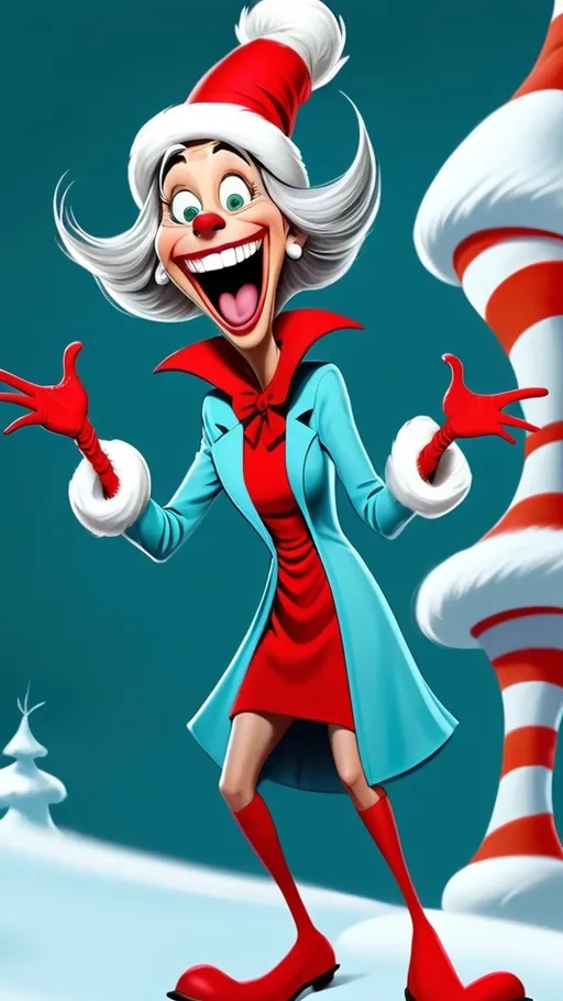 Prompt: Dr Seuss style Dr Seuss laughing granny gesturing get out Digital painting in whoville BG whoville seussical winter theme 