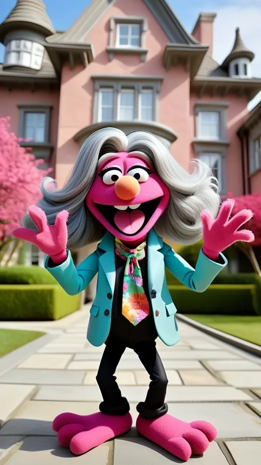 Prompt: head to toe view, Extreme long view,, Muppet theme, vibrant, ultra-detailed, Muppet Show style, standing in front of a mansion, Muppet laughing granny monster, gray hair. The overall style is Springtime modern, whimsical, and full of life,.  BG modern style mansion 