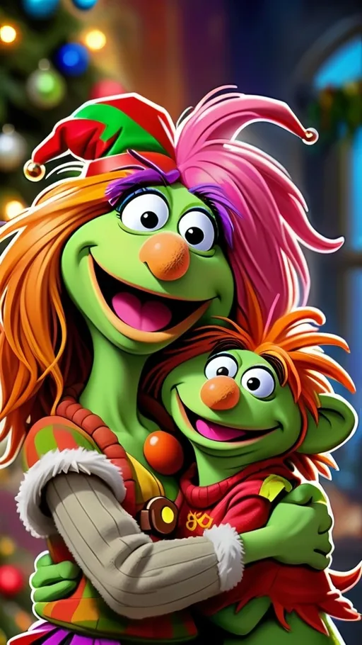 Prompt: vibrant Fraggle Rock style magical Christmas theme Digital painting a smiling Fraggle Rock muppet mom hugging her smiling Fraggle Rock muppet child, arms around each other in fraggle rock living room BG Christmas 