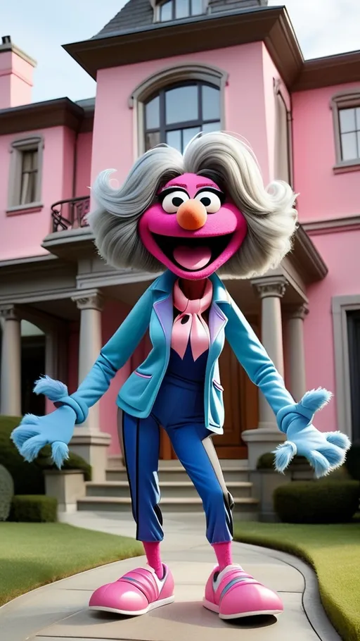 Prompt: head to toe view, Extreme long view,, Muppet theme, vibrant, ultra-detailed, Muppet Show style, standing in front of a mansion, Muppet laughing granny monster gesturing, gray hair wearing exercise clothes blue and pink. The overall style is modern, whimsical, and full of life, with bold lines and delicate textures that create a sense of energy.  BG modern style mansion 