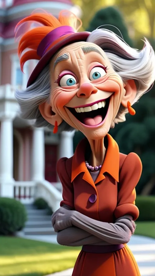Prompt: extreme long view, head to toe, Dr Seuss style, laughing female granny Seuss wearing maroon and orange, wrinkles, gray hair, expressive eyes, 3D animation in BG large mansion 