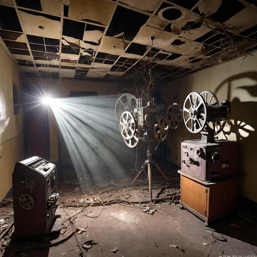 Prompt: Abandoned theater projector room that has original projectors from the 50s. Show decay and vines. Light rays from hole in the ceiling shining onto the projector. Have old reels scattered about.