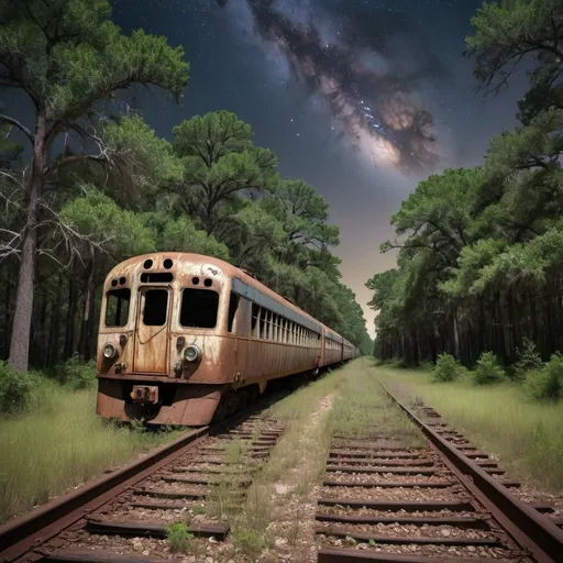 Prompt: abandoned 1970s train on old railroad, make the shot of a few abandoned cars, tracks in texas, surrounded by the piney woods and overgrowth. lots of natural decay and vines. tall pine trees, under a starry moonlit sky make it realistic yet surreal long shot of the abandoned train many railcars