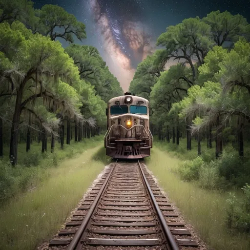 Prompt: abandoned 1970s train on old railroad tracks in texas, surrounded by the piney woods and overgrowth. lots of natural decay and vines. tall trees, under a starry sky make it realistic 
and surreal