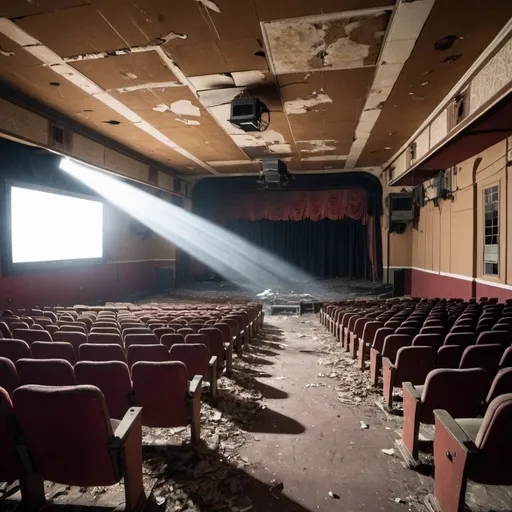 Prompt: Abandoned theater in Texas interior with old school projectors, have the room well lit by sun rays and remnants of movie reels. Show severe decay with nature reclaiming the room being protested